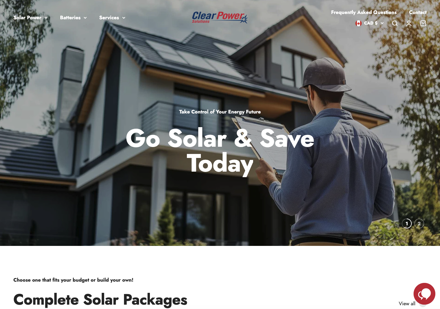 Clear Power Solutions Shopify website homepage — Go Solar & Save Today