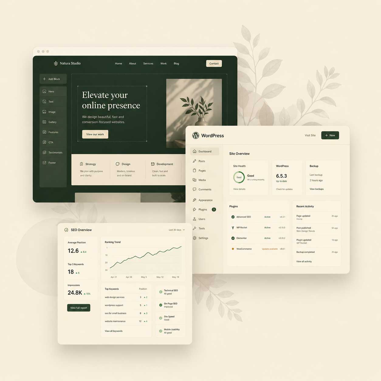 Abstract website interface mockup with analytics and landing page elements